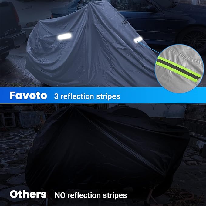 Favoto Motorcycle Cover Waterproof Outdoor Storage Universal Fit Heavy Duty Oxford Fabric Night Reflective with Lock-Hole Windproof Buckles Rain Dust Sun Protection Fits up to 96.5" Motorcycles