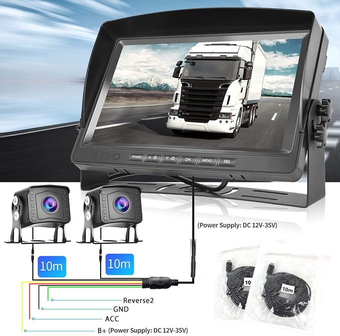 Dual RV Backup Camera System 1080P, Hodozzy 9 Inch AHD Reversing Camera Monitor Wired IP69 Waterproof Full Color Night Vision Loop Recording Car Reversing Rear View Camera for Truck/Trailer/RV 12-35V