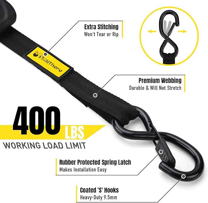 Stay There Retractable Ratchet Straps (4-Pack) - 1 Inch x 7 Feet (1100lb Break Strength) - Heavy Duty Auto Self Retracting Tie Down Straps for Truck, Cargo Trailer, Motorcycle & More - Black