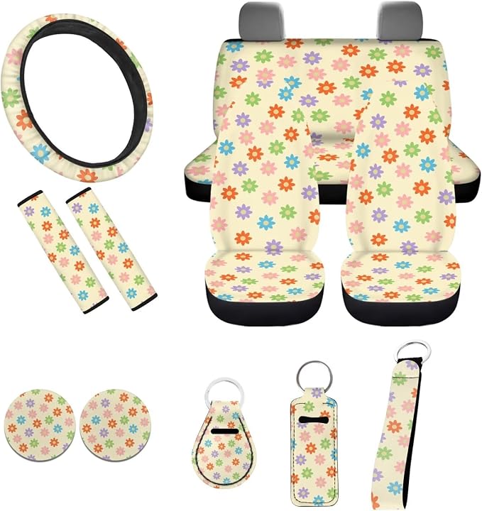 Aesthetic Car Accessories,Boho Flower Car Seat Covers Full Set for Women Lady Vehicle Interior Decor Set,Rainbow Groovy Flower Cute Steering Wheel Cover+Seatbelt+Hippie Vehicle Cup Mat+Keyring