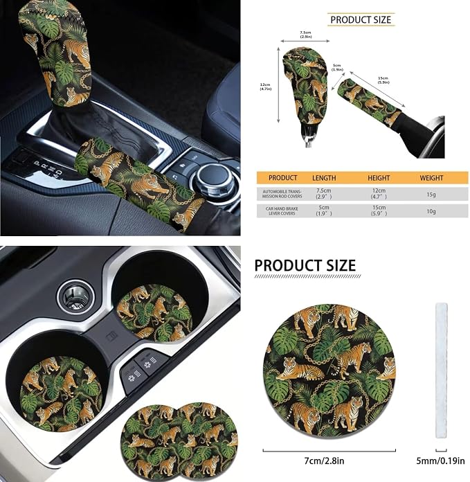 AFPANQZ Tiger Monstera Print Car Accessories Set Car Seat Covers Full Set with Steering Wheel Cover/Car Coaster/Handbrake Gear Shift Knob Covers/Seat Belt Shoulder Pads