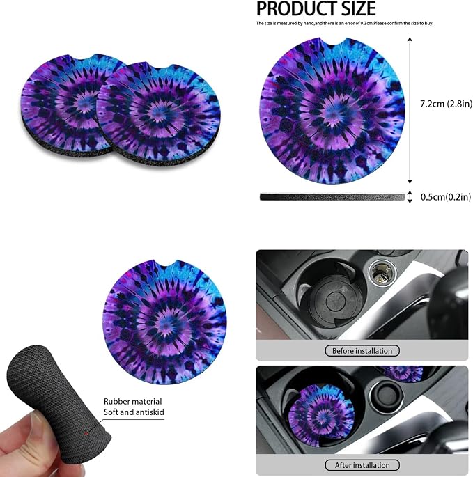 Howilath Purple Swirl Tie Dye Car Front Seat Cover with Center Console Cover+Steering Wheel Cover+Seatbelt Pads+Keychain+Coasters Set of 10 Auto Accessories