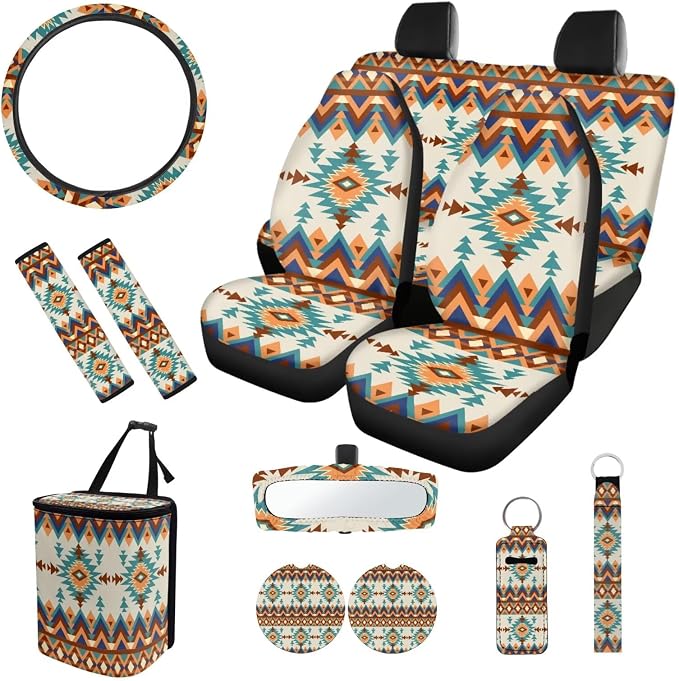 Ethnic Tribes Car Seat Covers Set 12 Pcs Steering Wheel Cover Seat Belt Cover Car Trash Can Rear View Mirror Cover Cup Coasters Keychain Holder Keychains
