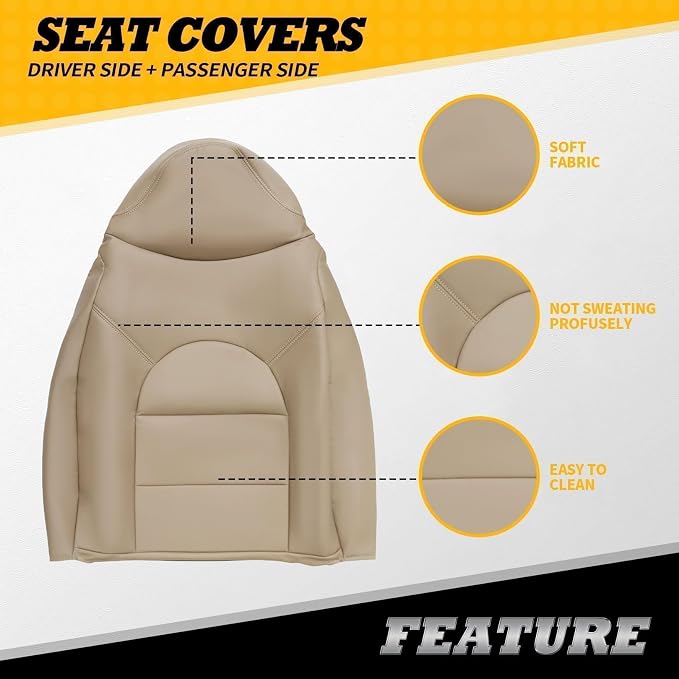 Seat Covers Compatible with F Series 250 350 450 550 1999 2000 | Tan leather bottom and top lean back seat covers compatible with F series 250 350 450 550 1999 2000 driver passenger side