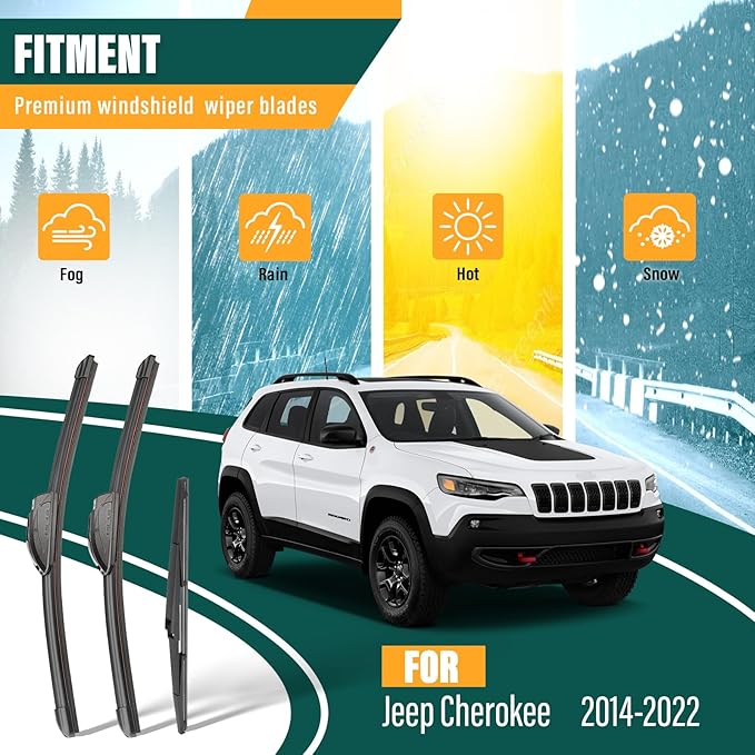 Windshield Wiper Blades Replacement for Jeep Cherokee 2014 2015 2016 2017 2018 2019 2020 2021 2022, Original Equipment Replacement Front Rear Wiper Blade Set - 26" 18" 14" (Set of 3)