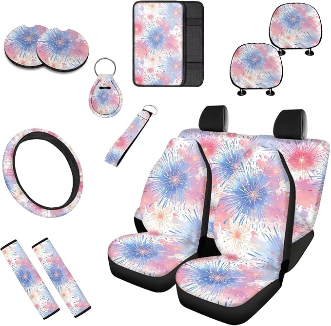 Colorful Firework Car Seat Covers Set of 10, Watercolor Fireworks Car Interior Accessories, Rainbow Fire Spark Seatbelt Covers Polyester Front Seat Rear Seat Cover