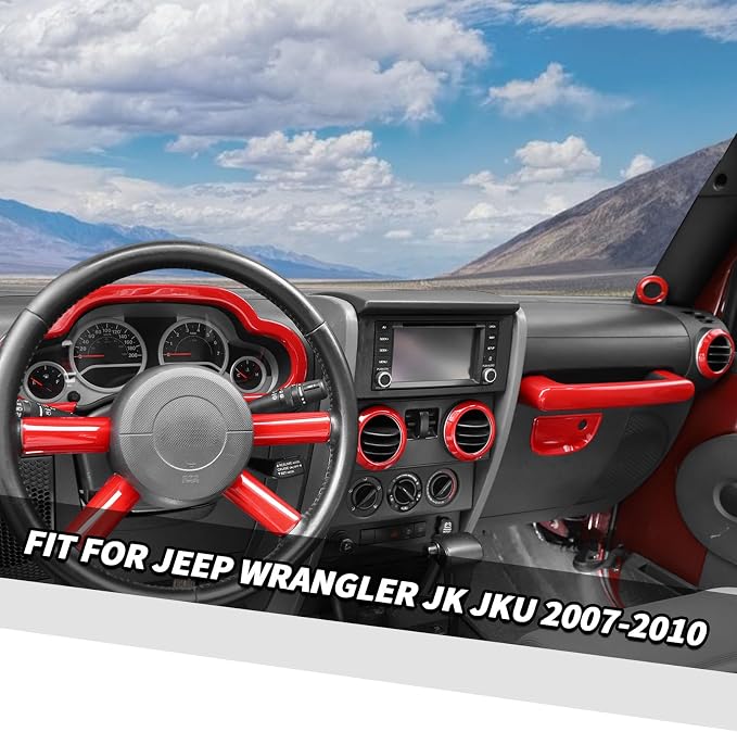 Jimen Fit for Jeep Wrangler JK JKU 2007-2010, 14PCS Interior Kits - Instrument Panel Dashboard Cover, AC Vent Ring, Passenger Grab Handle Trim, A Pillar Speaker Cover (Red)