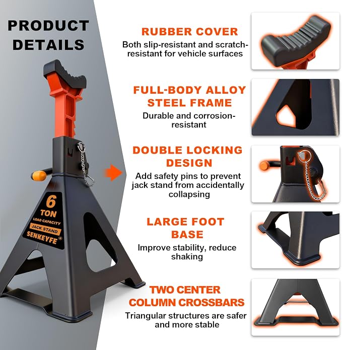 6 Ton (13,200 LBs) Jack Stands with Crossbars,Double Pin Locking,Rubber Cover,Large Foot Base,15"-22" Adjustable Height,Heavy Duty Car Jack Stands,Lifting Bus,RV,SUV,MPV,Pickup Truck,2 Pack