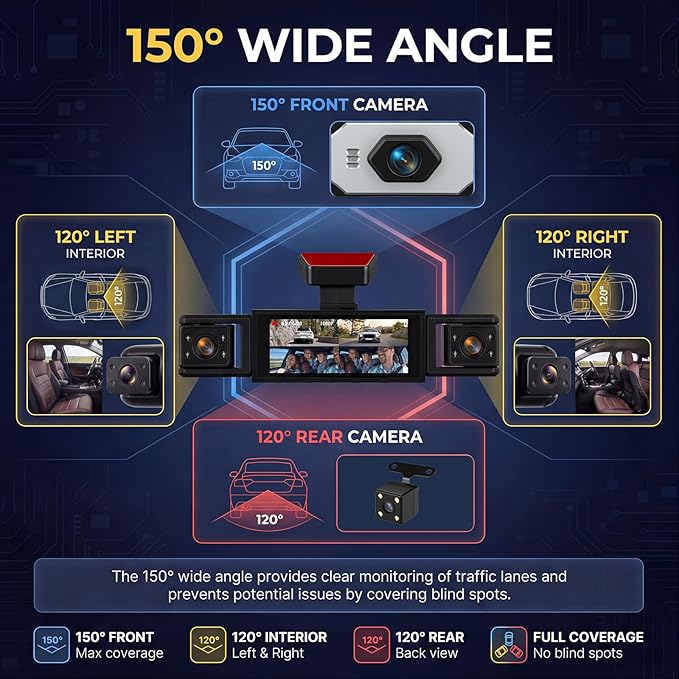 4 Channel 360° Dash Cam Front and Rear Inside Left Right, Orderich 3.16-Inch FHD 1080P IPS Dashcam Supports Night Vision, Loop Recording, 24/7 Recording Parking Mode Monitor, Reverse View