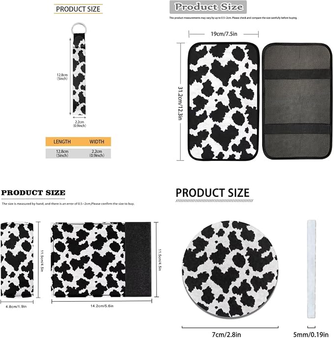 Cow Print Car Seat Covers, Auto Floor Mats, Car Steering Wheel Cover, Shoulder Pads, Armrest Pad, Roof Gloves, Cup Coaster, Keychain, Automotive Interior Accessories Set of 18