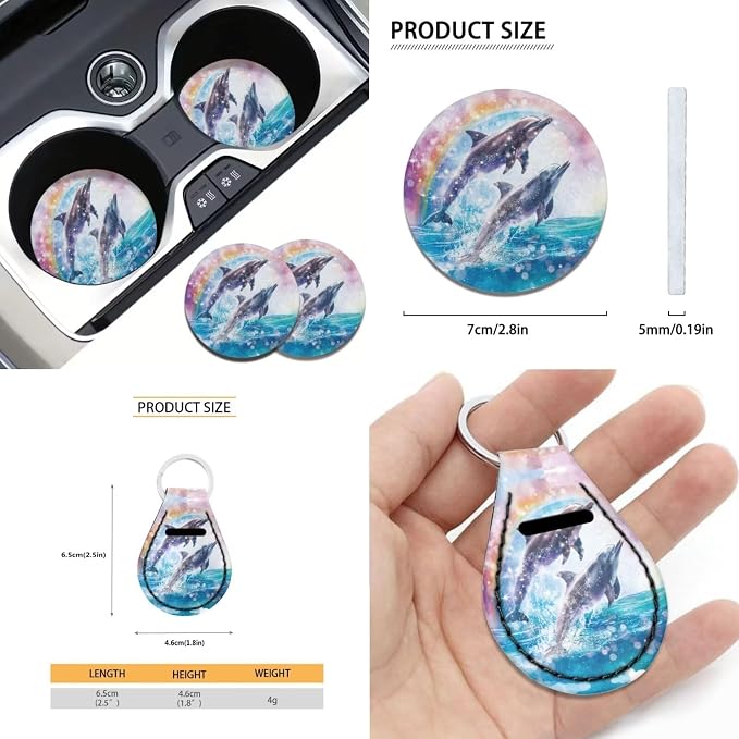 Xoenoiee Dolphin Rainbow Pattern 11 Pieces Car Seat Covers Interior Accessories Set Universal Fit with Steering Wheel Cover, Seat Belt Pads, Keychain, Cup Coasters
