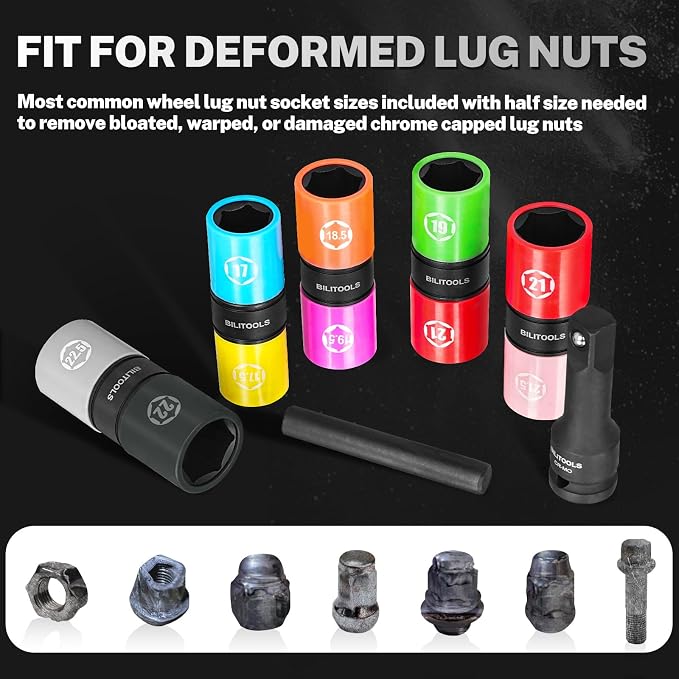BILITOOLS 1/2 inch Drive Impact Flip Socket Set &Half Sizes Lug Nut Socket Set