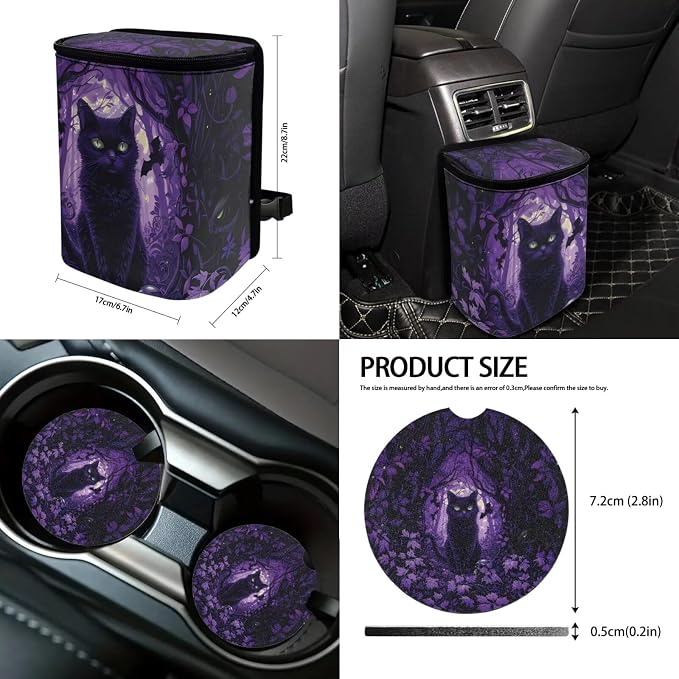 Suobstales Cat Bat Maple Leaves Print Car Seat Covers Haloween Decor Steering Wheel Cover Full Set/Seat Belt Cover/Auto Trash Can/Rearview Mirror Cover/Coasters/Keyrings Car Accessories 13 Pack
