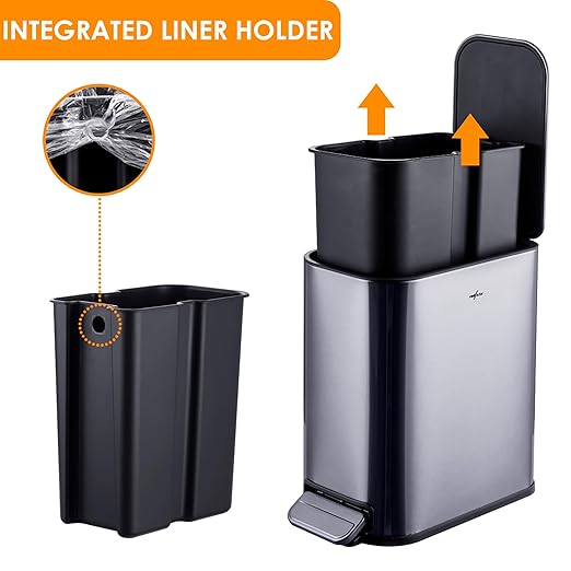 RED FACTOR Slim 1.3 Gallon Stainless Steel Pedal Trash Can with Soft Close Lid for Narrow Spaces – Small Wastebasket Bin with Removable Inner Bucket (Metallic Grey)