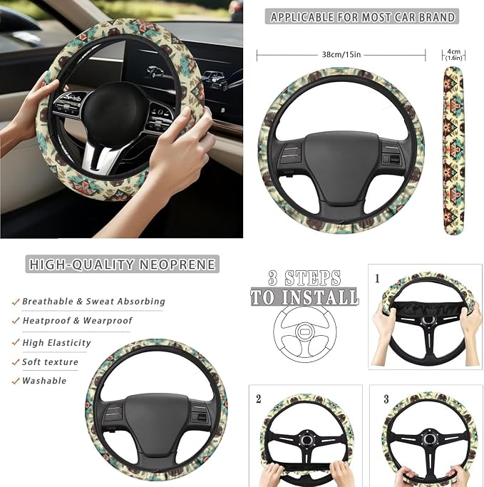 Navajo Aztec Car Accessories Car Seats Cover Protector, Steering Wheel Covers, Seatbelt Cover, Car Trash Can, Cup Coasters, Rearview Mirror Cover, Keychains, Pack of 15