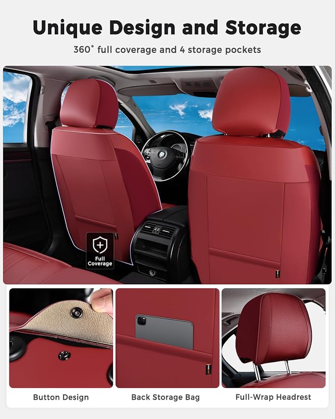 Huidasource Red Front Seat Cover, Luxury Faux Leather Front Car Seat Cover, Compatible with Airbags, Seatbelt Buckles, Perforation, Cooling＆Heating, Universal Fit for Most Cars, Vans Trucks, SUVs, Red