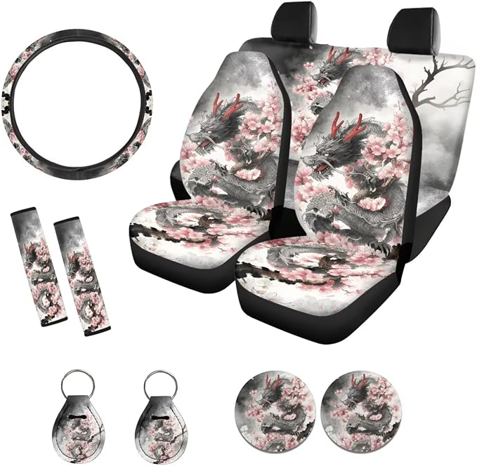 Xoenoiee Cool Dragon Cherry Blossom Print Car Seat Covers and Accessories, Front Rear Seat Covers, Steering Wheel Cover, Seat Belt Pads, Coasters, Keychains for Car SUV Decor, 11 PCS Set