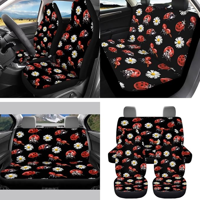 15 Pcs Dasiy Ladybug Car Seat Cover Full Set for Women with Car Steering Wheel Cover Seat Belt Cover Trash Bin Front Rear View Mirror Car Cup Holder Keychain