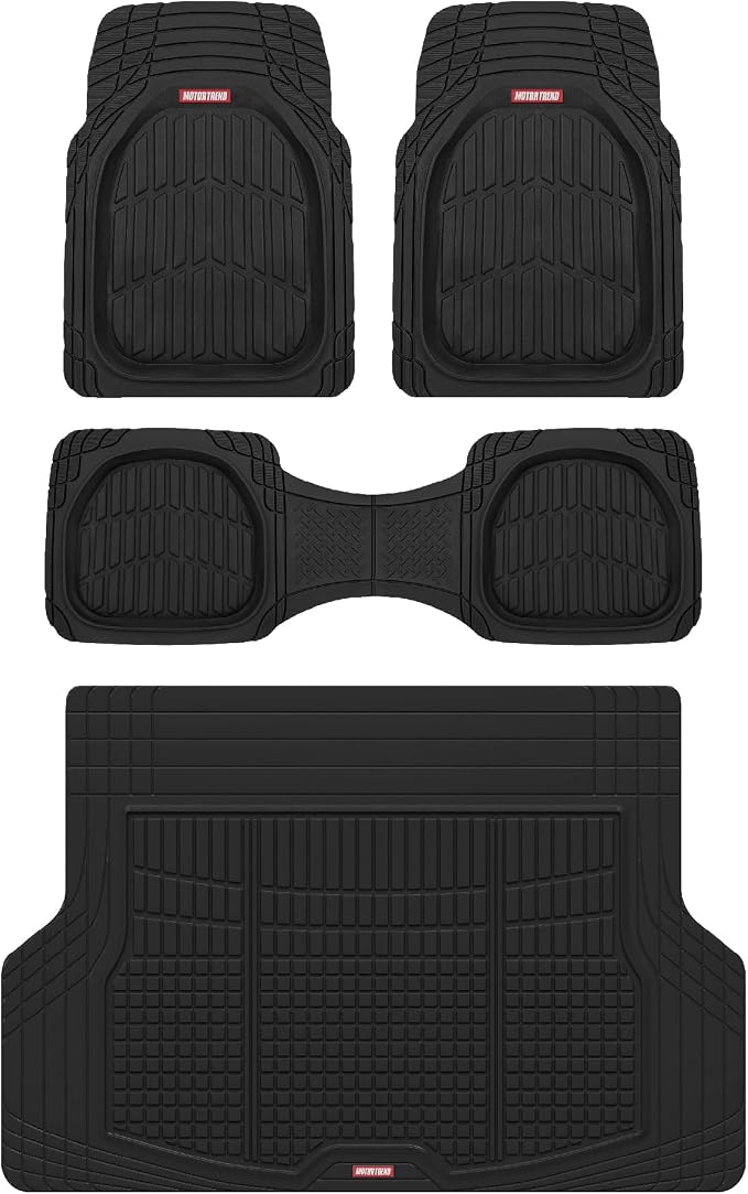 Motor Trend FlexTough Contour Liners Deep Dish 3 pc Rubber Floor Mats & Trimmable Trunk Liner Cargo Mat - Heavy Duty All Weather Protection Car Mats with Traction Grips Car Accessories (Black)