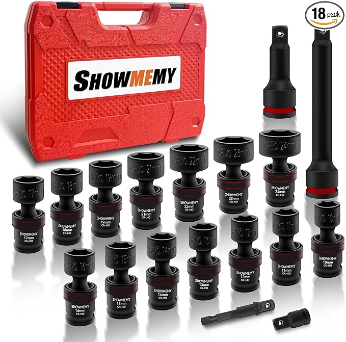 Drive Impact Universal Joint Socket Set, 6 Points, Shallow Swivel Socket Set, Cr-Mo Steel. Flexible Wobble Sockets with 3", 6" Extension Bar, Adapter(Metric 1/2(18 PCS)