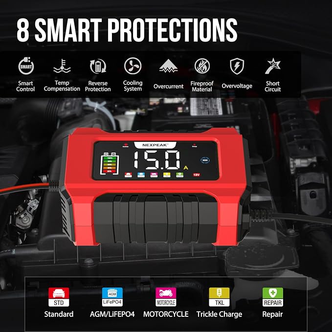 NEXPEAK NC215 15-Amp Battery Charger, 12V 24V LiFePO4 Lead Acid Portable Car Battery Charger 9-Stage Trickle Charger Smart Battery Maintainer w/Temp Compensation for Car Truck Lawn Mower Boat Marine