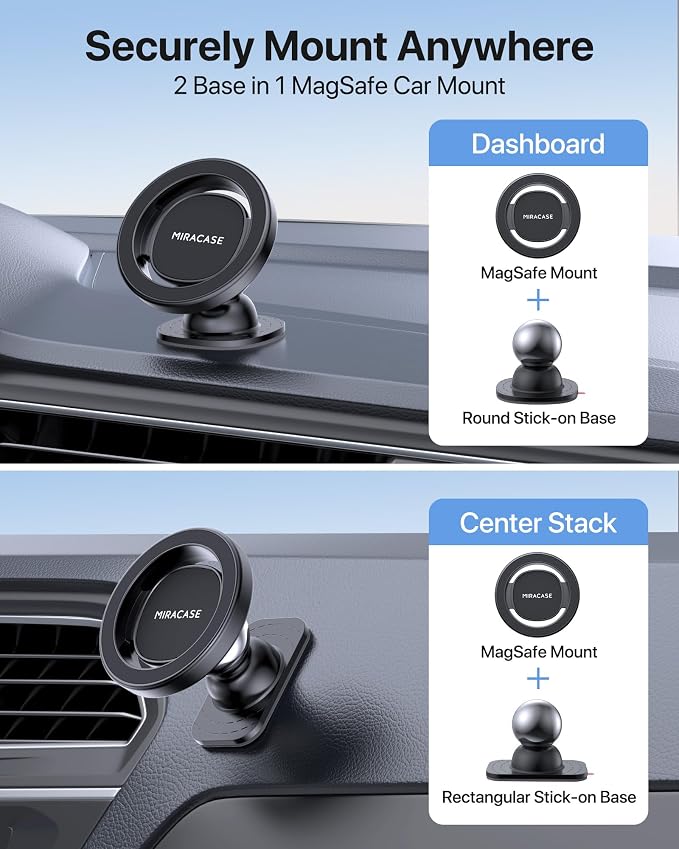 Miracase Latest Upgrade for MagSafe Car Mount [33+LBS Strong Suction & 2200gf Magnetic] Small Phone Holders for Your Car Dashboard, 360° Adjustable Car Phone Holder Mount for iPhone Garmin GPS
