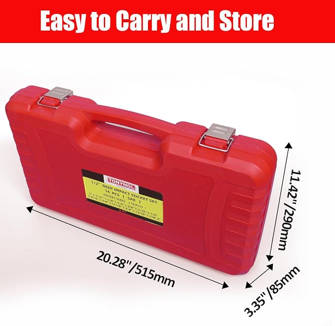 TONYNOL 1/2" Inch Drive Deep Impact Socket Set,6-Point,SAE Sizes(1“-2”),14 PCS,Cr-Mo Steel,Heavy Duty Impact Sockets for Automotive & Industrial Machinery,With a Storage Case