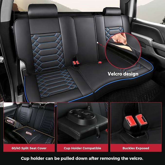FREESOO for Silverado 2014-2018 Faux Leather Full Set Seat Covers, Fit for Chevy Silverado GMC Sierra 1500 2500 3500 Crew Cab Waterproof Truck Seat Covers BlackBlue