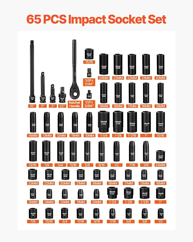 VEVOR Impact Socket Set, 1/2" Drive, 65-Piece Socket Set, 6 Point Sockets, SAE 3/8" to 1-1/4" and Metric 10-24 mm, Easy to Identify, with a Sturdy Storage Case, Cr-V Alloy Steel for Vehicles Repair