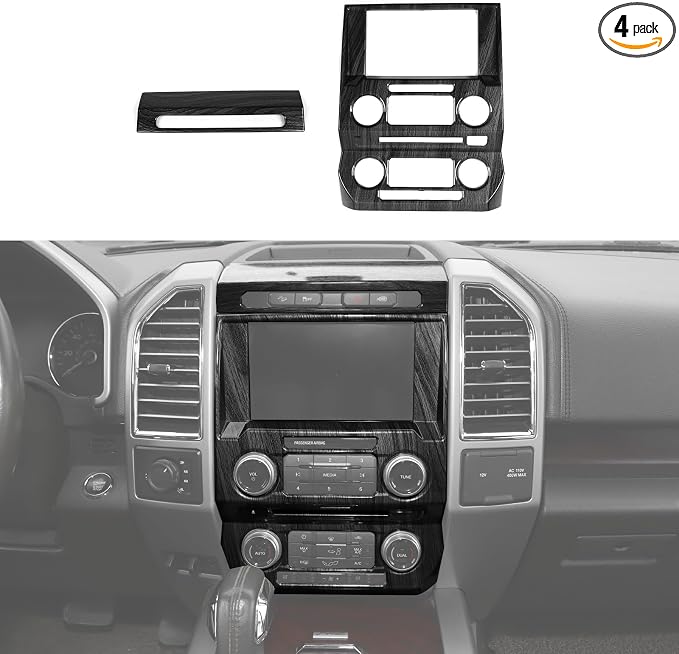CheroCar Black Wood Grain Central Control Navigation & Emergency Light Control Panel Trim Cover Kit Fit for Ford F150 2015-2020 Hazard Light Switch & GPS Screen Surround Decorative Bezels