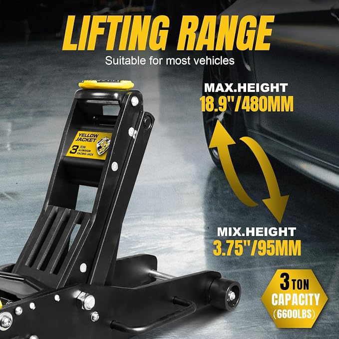 YELLOW JACKET Floor Jack 3 Ton Full Aluminum Ultra Lightweight Low Profile Hydraulic Racing Car Jack with Dual Pumps Quick Lift and Foot Pedal for Auto Repair, 6600 lbs Capacity