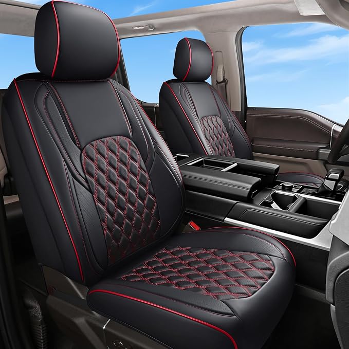 Huidasource Tundra Seat Covers, Fit for 2022 2023 2024 2025 2026 Toyota Tundra Seat Covers, Nappa Leather Truck Seat Cover, Custom Seat Cushion Protector, CrewMax/Double Cab Pickup(Full Set/Black&Red)