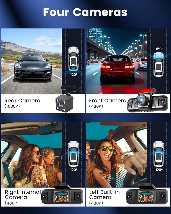 NHOPEEW 4 Channel Dash Cam 360° View, 1080P Front and Rear Inside Left Right Dash Camera for Cars - 2 inch IPS Screen Car Cameras with 8 IR Night Vision, Built-in Stereo, Loop Recording + 64G TF Card