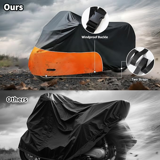 Motorcycle Cover 86 Inch with Relfection Strip, Compatible with Harley Davidson,Yamaha, Honda, Suzuki, Kawasaki All Weather Waterproof Outdoor and Dustproof Indoor, Black&Orange