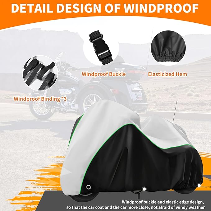 COVERVIN Trike Cover Waterproof, Heavy Duty 3 Wheel Motorcycle Cover for Harley Honda Goldwing Freewheeler Tri Glide Ultra, with Antenna Zipper, Windproof Buckles & Reflective Strips (Black&Silver)