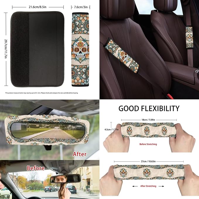 Suobstales Boho Mandala Sugar Skull Print Car Seat Covers Set of 13 with Universal Steering Wheel Cover, Rearview Mirror Cover, Car Trash Can, Seatbelt Pads, Cup Holder Coasters, Keychains