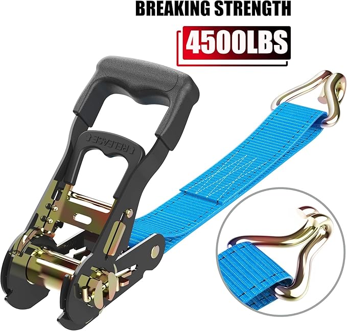 AWELCRAFT Ratchet Straps Heavy Duty 4 Pack,4500lbs Breaking Strength,1.5in×15ft Tie Down Ratcheting Strap with Padded Handles, Double J Hooks & Soft Loops for Motorcycle,Trailer & Trucks (Blue)