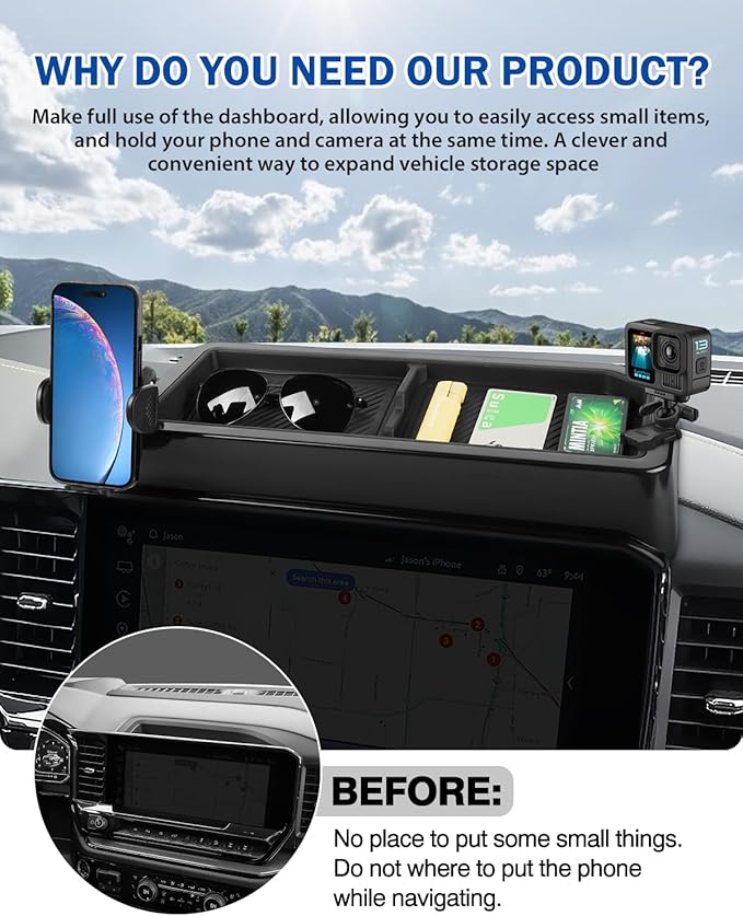 Autorder Car Phone Holder for 2022-2026 Chevy Chevrolet Silverado/GMC Sierra 1500 Accessories Center Console Dash Organizer with 2 Expansion Ports Hands-Free 360 Degree Rotation Phone Mount