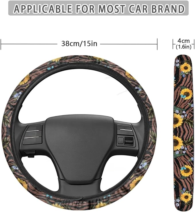 Sunflower Butterfly Stripe Print Car Seat Covers Full Set, Car Accessories Set of 13, Soft Steering Wheel Cover + Seat Belt Cover + Cup Holder Coasters Universal Fit for SUV Truck Van