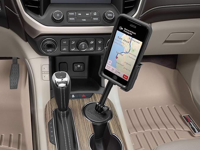 WeatherTech CupFone Two View with Extension – Adjustable, Universal Cup Holder Cell Phone Mount Car & Truck Accessory – Best Design for iPhone & Smartphone Charging – Black Plastic Knobs