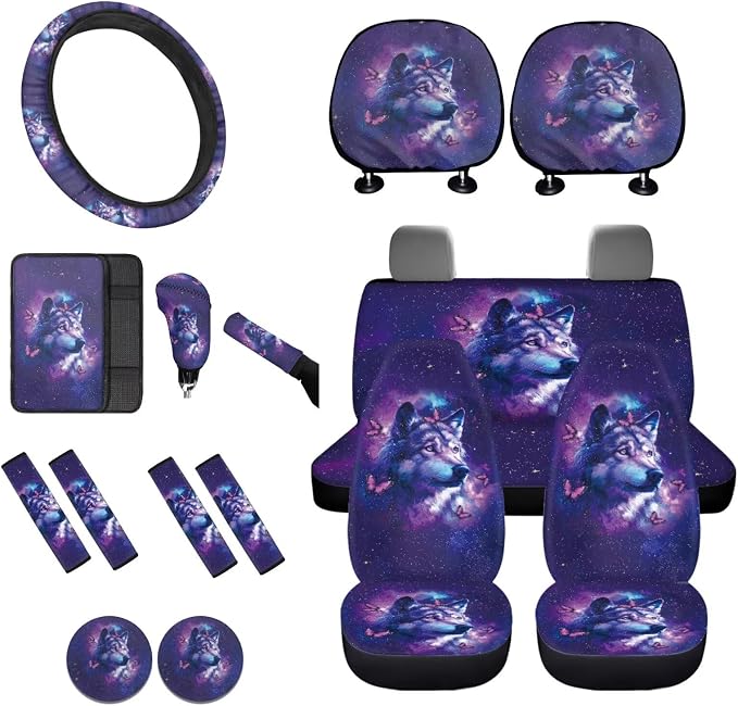 Lotusorchid Wolf Print Seat Covers for Cars Full Set, Butterfly Printed Auto Seat Covers Seatbelt Cover and Armrest Cover for Car, Decorative Automobile Interior Sets for Men Women