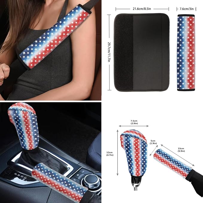 Wanyint Car Accessories 12 PCS, with Car Seat Covers Steering Wheel Seat Belt Pad Armrest Handbrake Gear Shift Cover Coasters Universal 4th of July Auto Interior Decor, Star Stripe US Flag