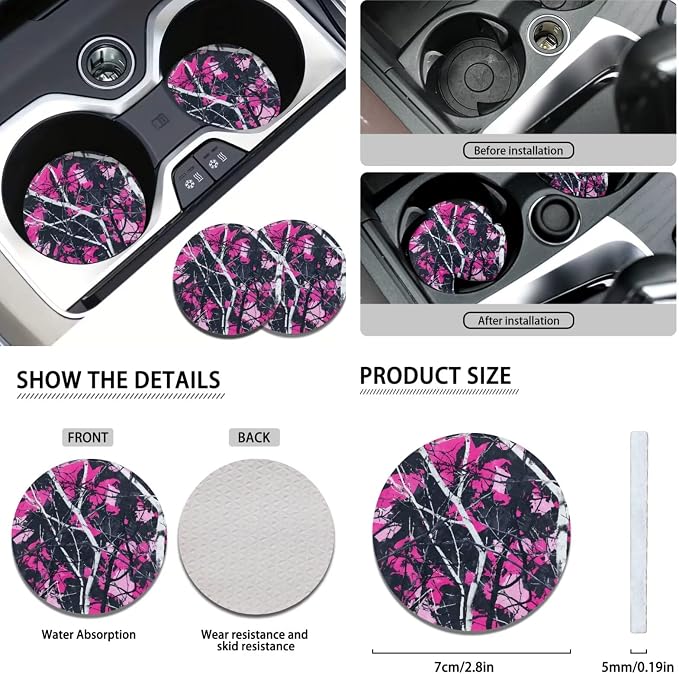 KEIAHUAN Pink Muddy Camo Branch Car Accessories Include Car Seat Cover Headrest Cushion Pads/Cup Coasters/Gear Shift Cover Handbrake Cover/Steering Wheel Cover Full Set of 11 for Women