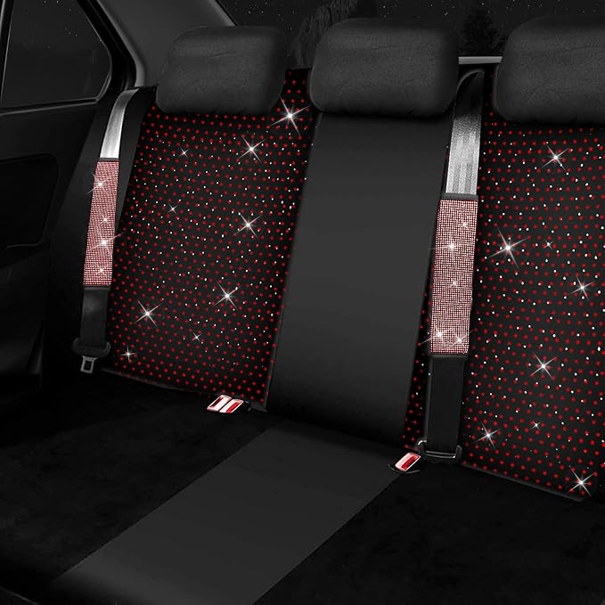 17 Pack Bling Car Seat Covers Set Car Diamond Accessories Rhinestone Crystal Steering Wheel Cover, Bling Velvet Breathable Glitter Center Console Pad Universal Car Interio(Full Set/Red)