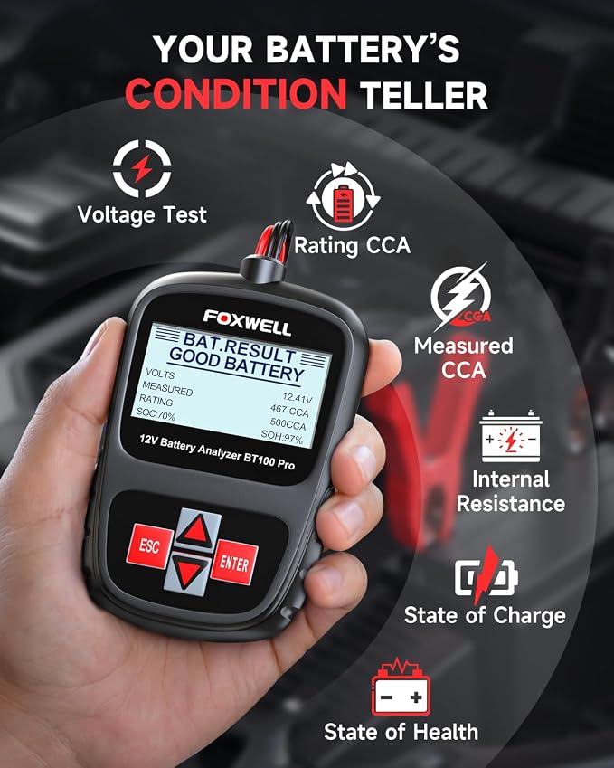 FOXWELL BT100 PRO 12V Car Battery Tester,100-1100CCA Battery Load Tester & Portable Carrying Case
