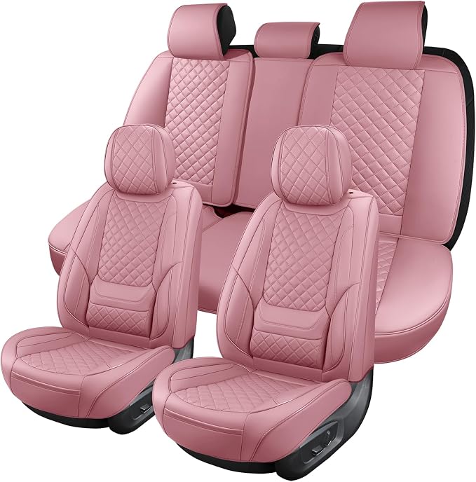 Pink Leather Car Seat Covers Full Set Breathable Seat Protectors Waterproof Automotive Seat Covers Universal Fit for Most Cars SUVs Trucks Vehicles