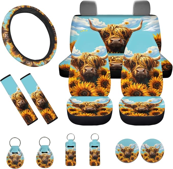 INSTANTARTS Aesthetic Sunflower Highland Cow 13 Piece Auto Accessories Auto Front and Rear Seat Covers Seat Belt Covers Steering Wheel Covers Coasters Keychains Lipstick Covers