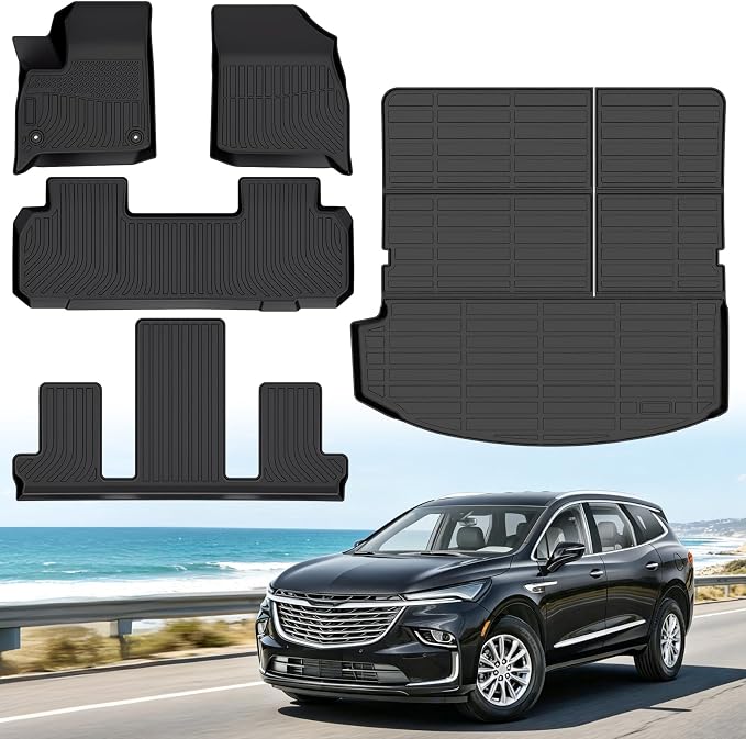 Floor Mats for Buick Enclave 2018-2024, Heavy Duty TPE All Weather Protection, Waterproof Non-Slip Black Car Liners (Three-Row Floor Mats & Cargo Liner)