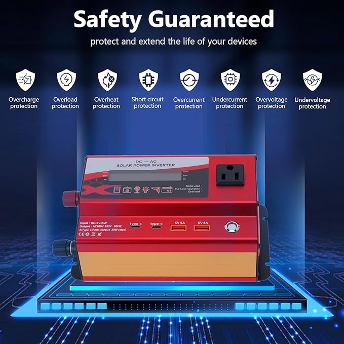 600W Car Power Inverter, 12V/24V Car Plug Adapter Outlet Converter with Dual Type C, Dual USB Dual, Dual Cigar Lighter, Single AC Outlet for Cars Trucks US Plug (Red)