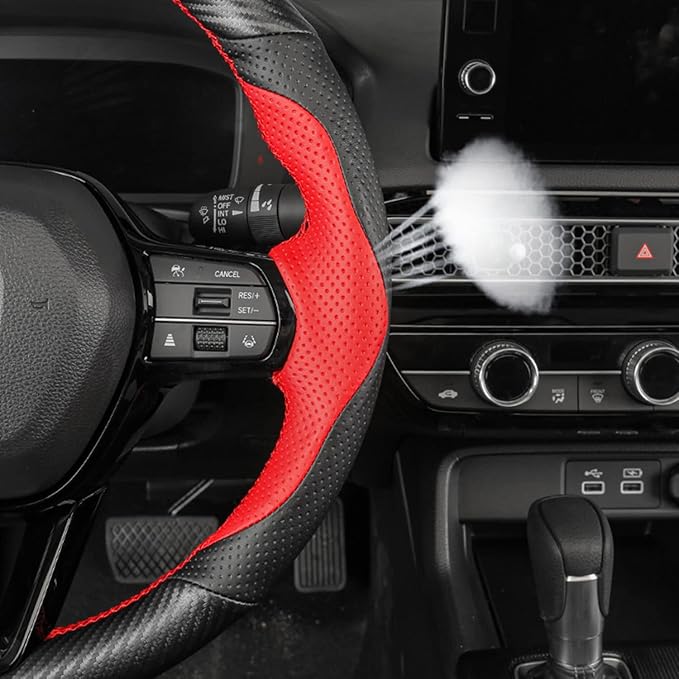 Hand-Stitched Steering Wheel Wrap for 11th Gen Honda Civic 2022 Interior Steering Wheel Protection Skin Cover Accessories (Red Perforated Leather+Matte Black Carbon Fiber)
